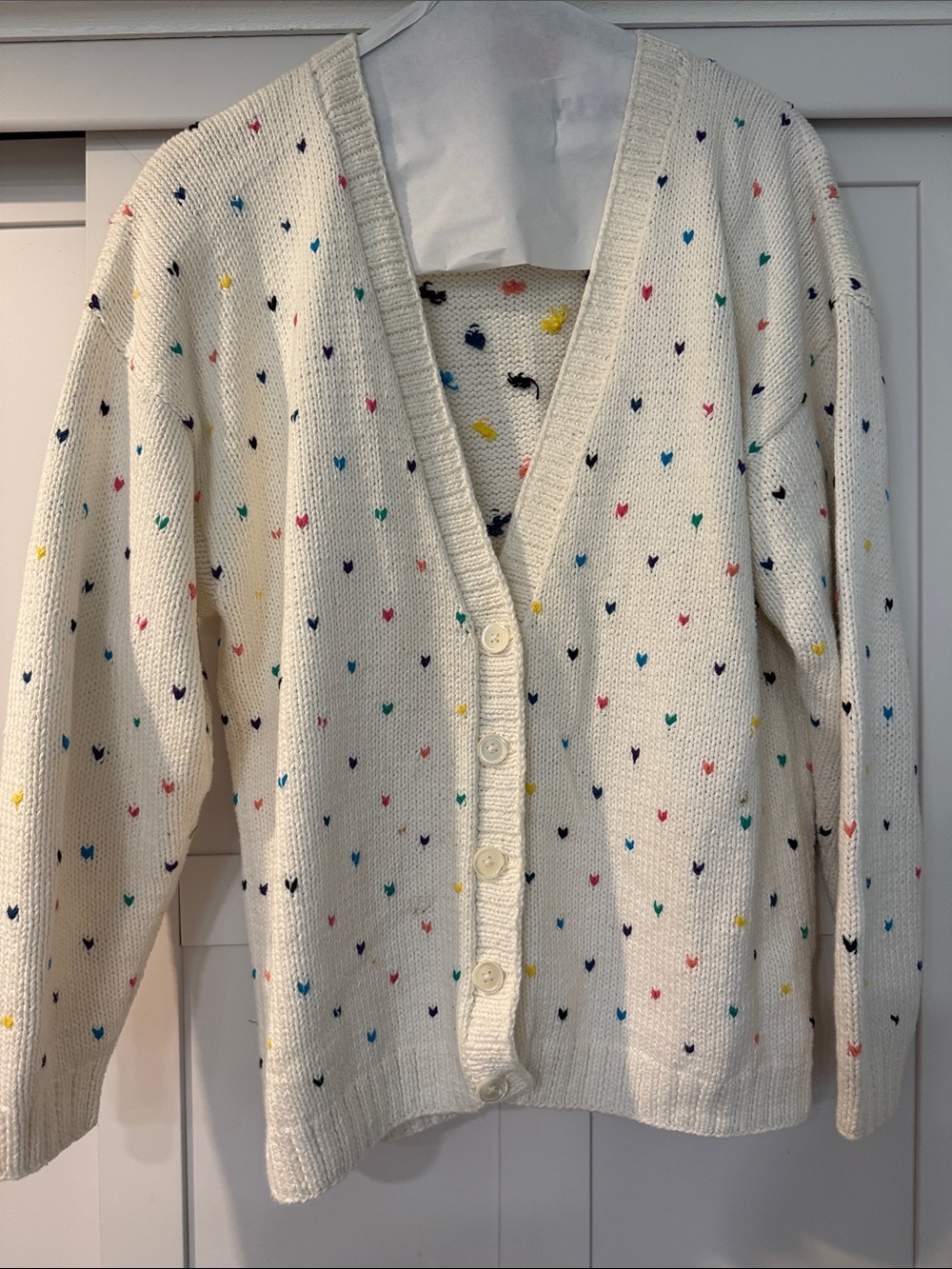 Vintage Heart-Print V-Neck Cardigan Sweater
